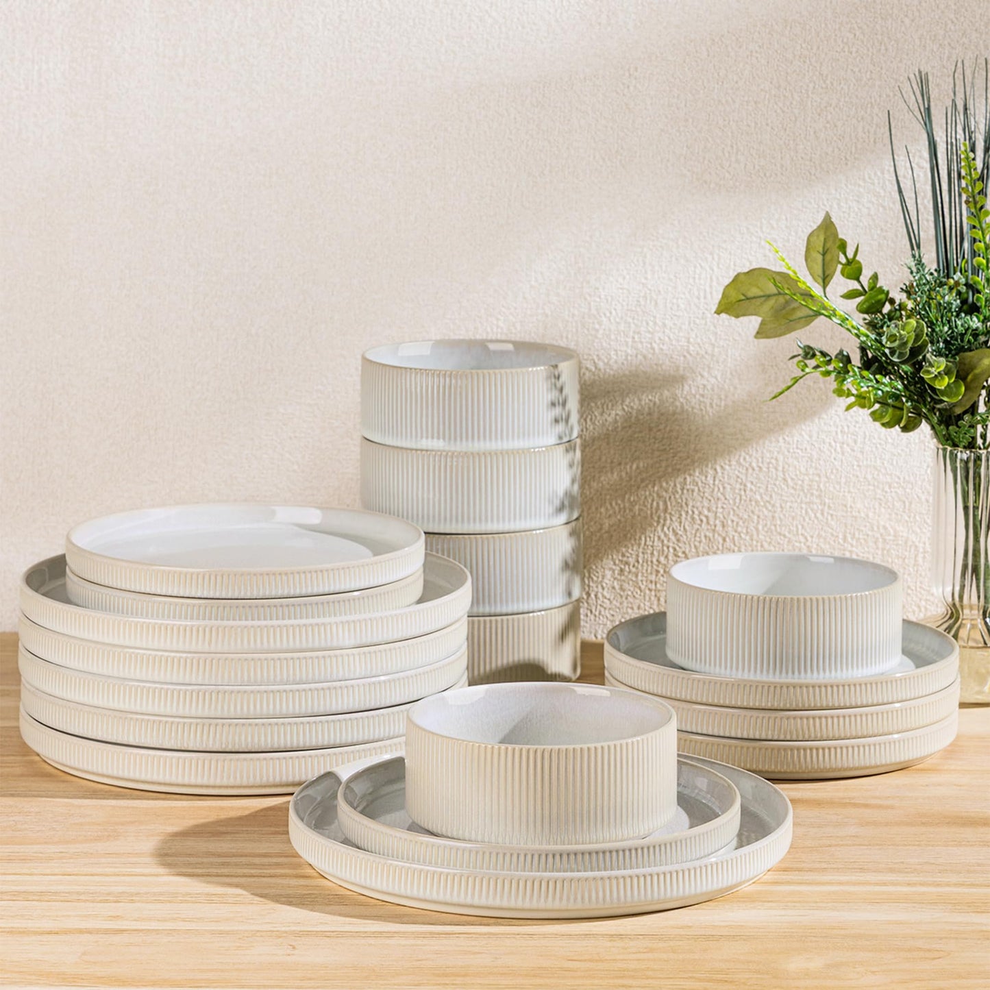 TheTerra Ceramic Dinnerware Sets for 4, 12 Pieces Porcelain Lightweight Plates and Bowls Sets, Scratch Resistant Dish Set, Oven & Microwave & Dishwasher Safe, Beige