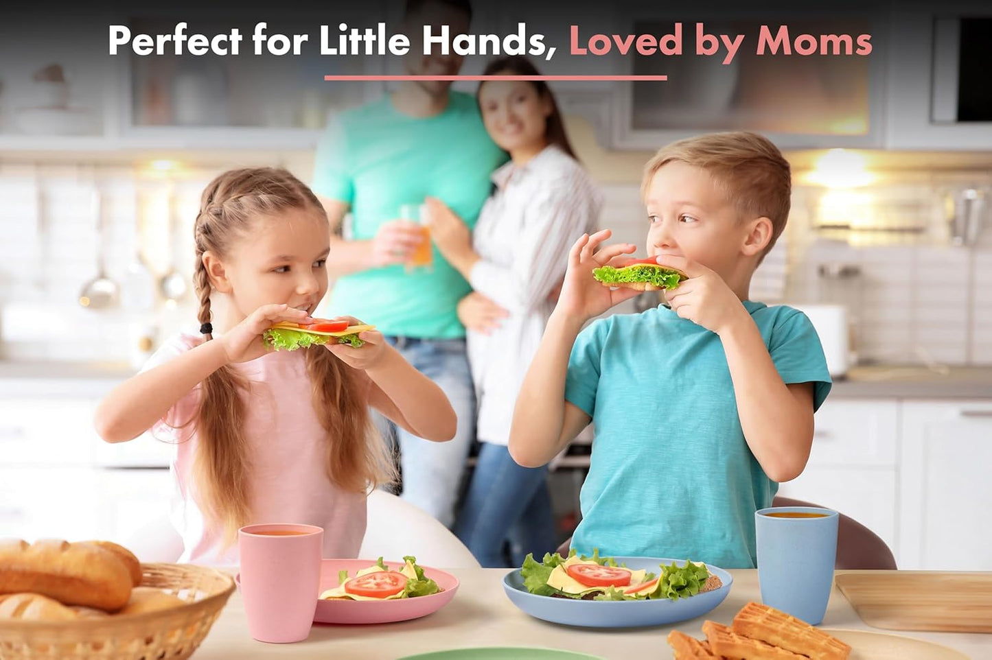 FOODLE Wheat Straw Dinnerware Set - BPA Free & Safety Tested - Dishwasher & Microwave Safe - Toddler & Kids Plates and Bowls Sets - Plastic Plates Reusable - Perfect for RV, Camping Dishes - For 4