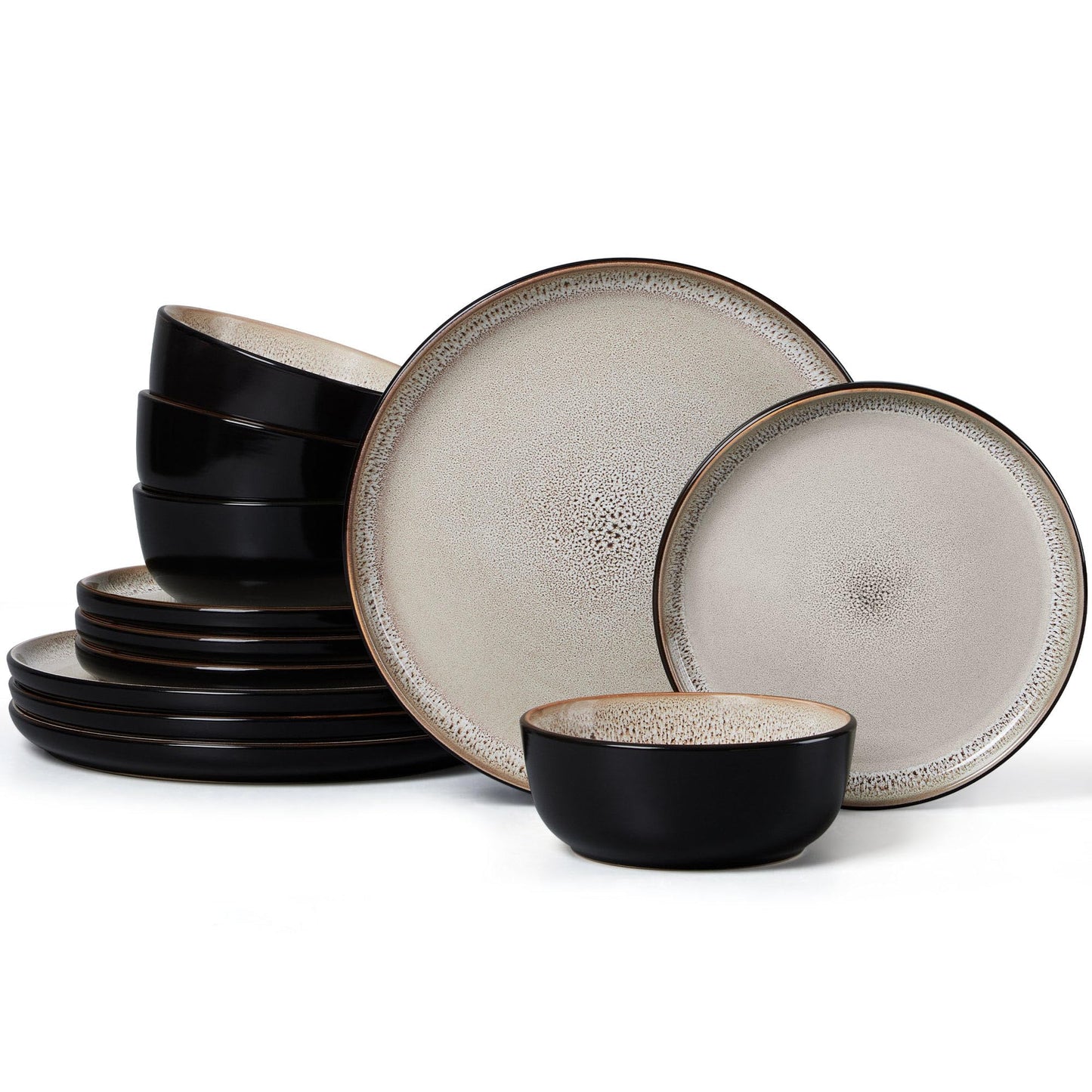 LIANYU 12 Piece Porcelain Dinnerware Sets for 4, Ceramic Durable Plates and Bowls, Chip and Scratch Resistant Dishware Dishes Set, Dishwasher & Microwave Safe Stoneware Set, Black Onyx