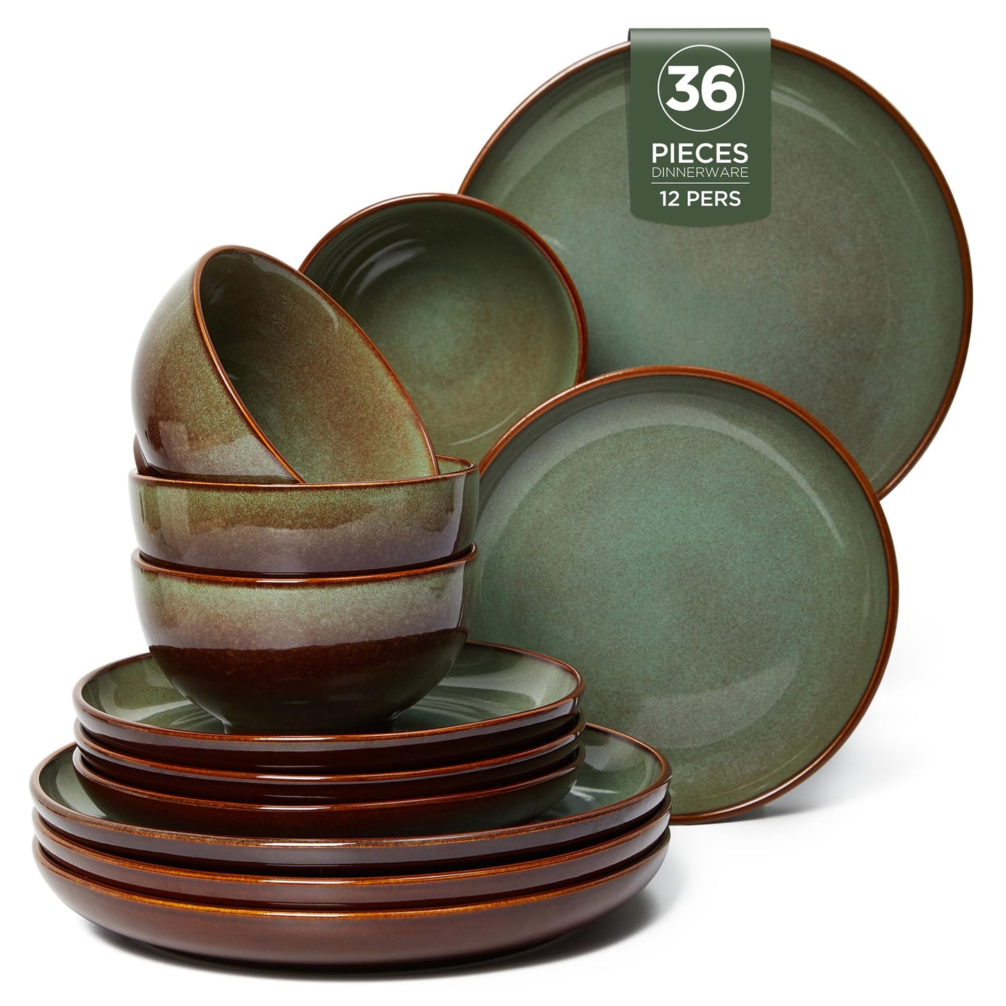 Pokini Stoneware Dinnerware Sets Service for 4, 12 pcs Reactive Glaze Plates and Bowls Sets, Handmade Ceramic Dish Set, Highly Chip and Crack Resistant Modern Plate Set, Brown Green