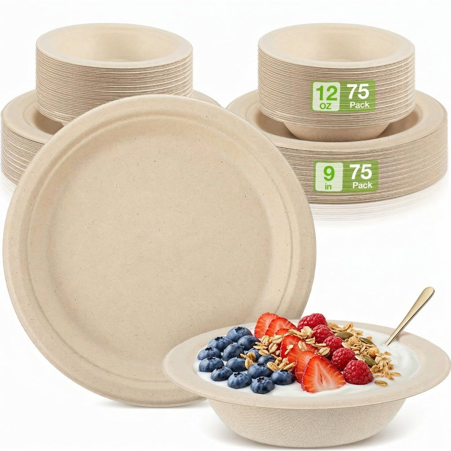 Havawish 150 Pcs Compostable Paper Plates and Bowls Set 7 Inch 9 Inch Disposable Plate 12oz Biodegradable Bowls for Party Dinner 50-person Bulk Party Supplies