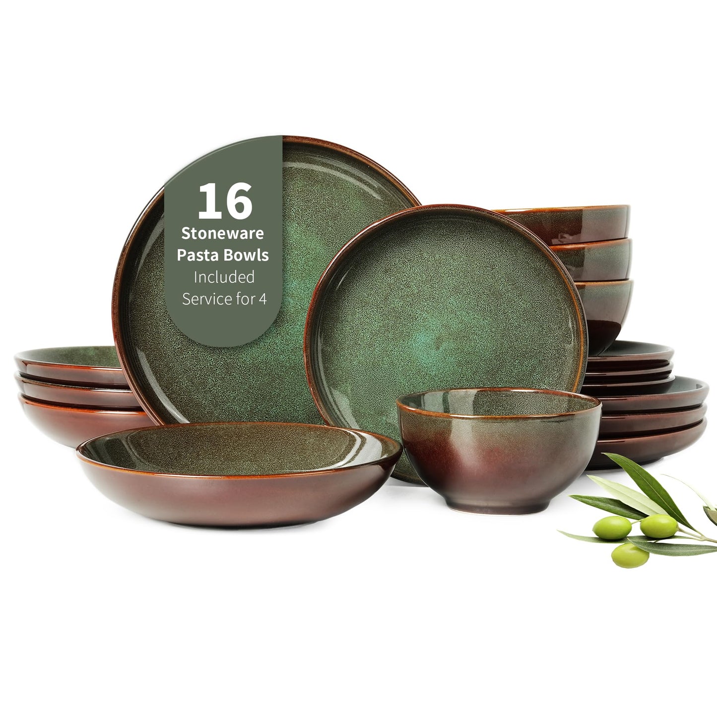 Pokini Stoneware Dinnerware Sets Service for 4, 12 pcs Reactive Glaze Plates and Bowls Sets, Handmade Ceramic Dish Set, Highly Chip and Crack Resistant Modern Plate Set, Brown Green
