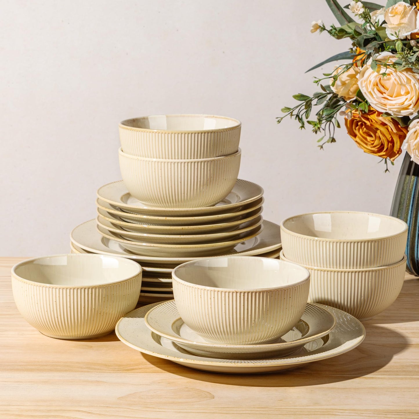 TheTerra Ceramic Dinnerware Sets for 4, 12 Pieces Porcelain Lightweight Plates and Bowls Sets, Scratch Resistant Dish Set, Oven & Microwave & Dishwasher Safe, Beige