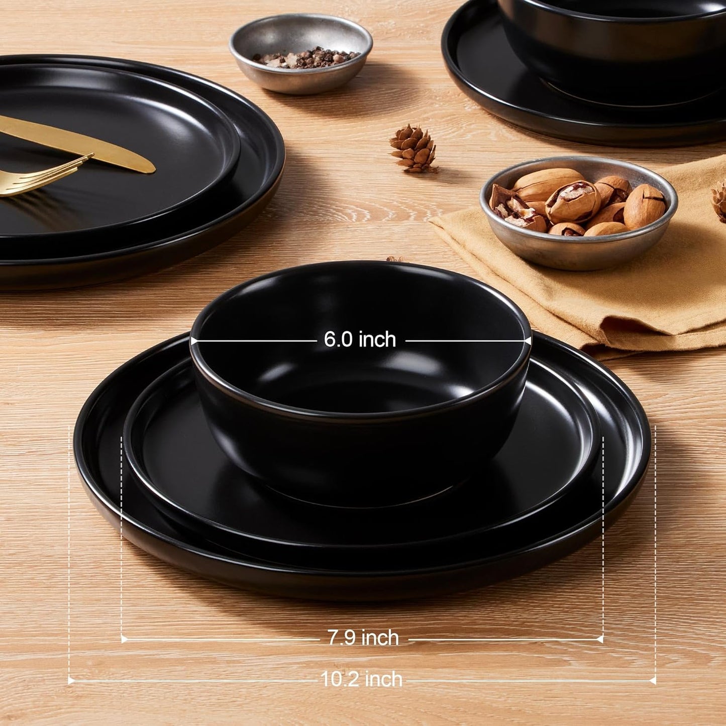 LIANYU 12 Piece Porcelain Dinnerware Sets for 4, Ceramic Durable Plates and Bowls, Chip and Scratch Resistant Dishware Dishes Set, Dishwasher & Microwave Safe Stoneware Set, Black Onyx