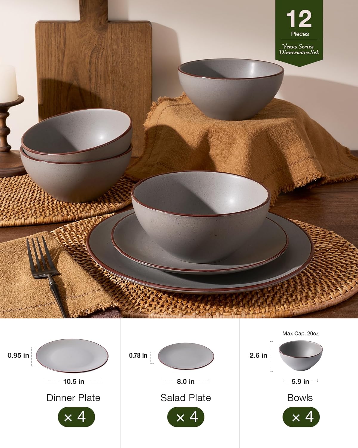 Famiware Venus Plates and Bowls Sets with Trim, 12 Pieces Speckled Stoneware Dishes Dinnerware Set for 4, Matte Dark Gray - Microwave & Dishwasher Safe, Modern Minimalist, Everyday & Formal Dining