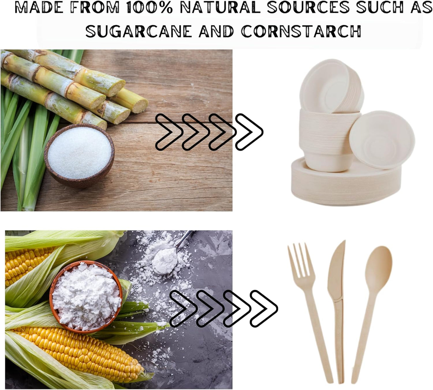 300pcs Compostable Paper Plates Set - Heavy-Duty Biodegradable Plates, Bowls & Cutlery - Ideal for Parties, Weddings, Picnics, Camping - Eco-friendly, Safe, BPA Free, Microwave Safe