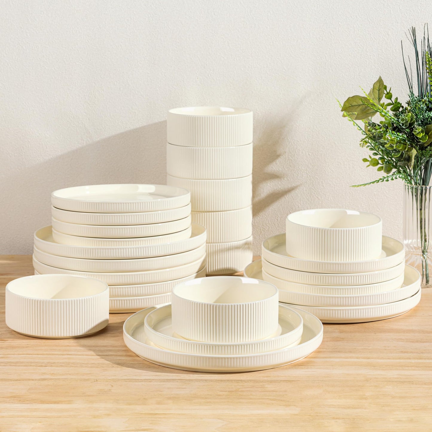 TheTerra Ceramic Dinnerware Sets for 4, 12 Pieces Porcelain Lightweight Plates and Bowls Sets, Scratch Resistant Dish Set, Oven & Microwave & Dishwasher Safe, Beige