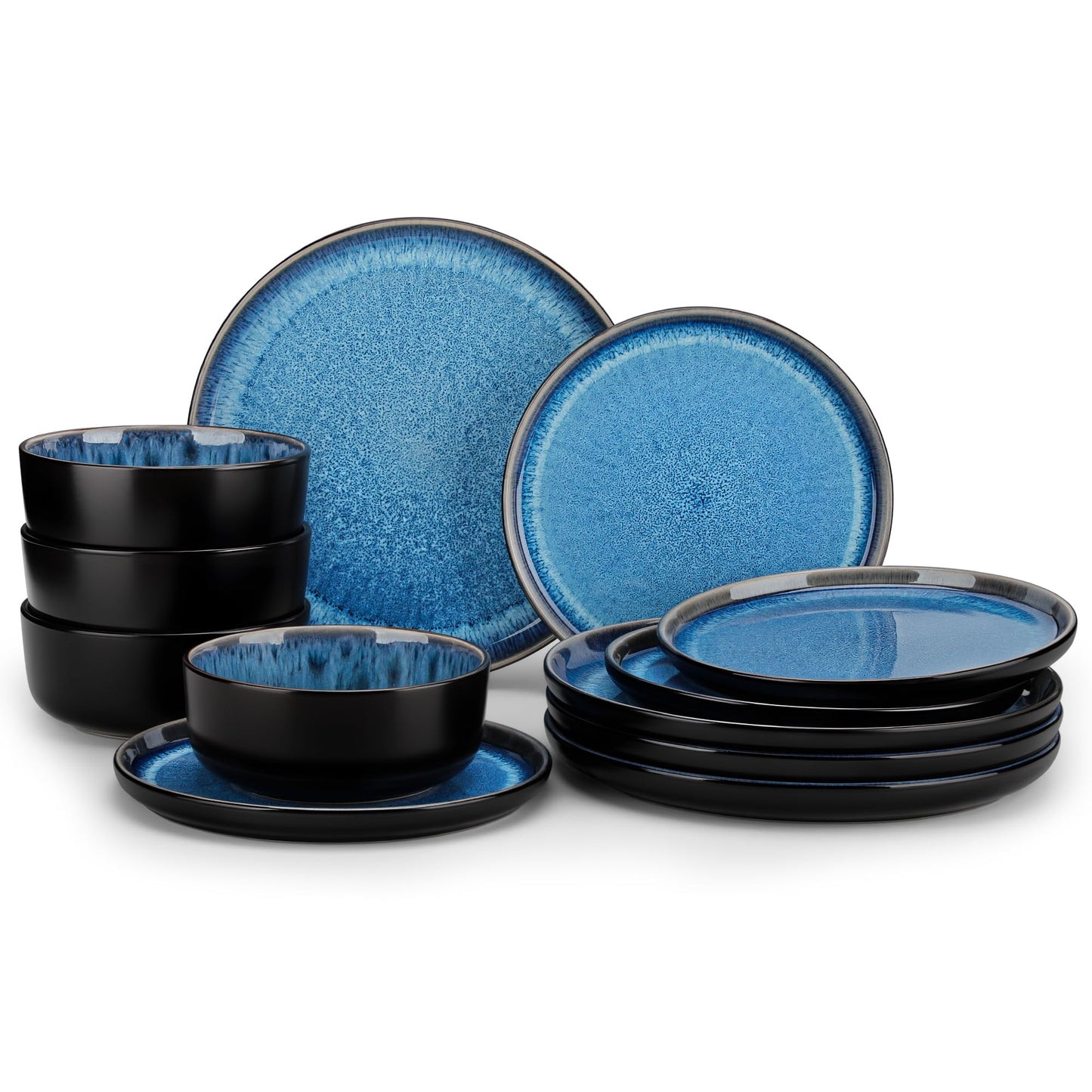 vancasso PLAYA Plates and Bowls Sets, 12 Pieces Grey-Blue Dinnerware Sets for Kitchen, Reactive Glaze Dishes Set for 4, Dishwasher and Microwave Safe