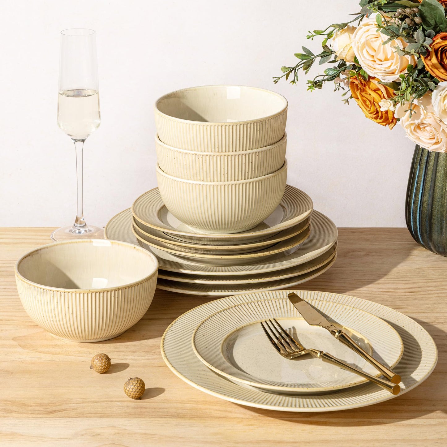 TheTerra Ceramic Dinnerware Sets for 4, 12 Pieces Porcelain Lightweight Plates and Bowls Sets, Scratch Resistant Dish Set, Oven & Microwave & Dishwasher Safe, Beige