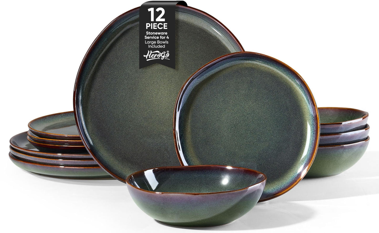 Herogo 12pcs Stoneware Dinnerware Sets for 4, Irregular Handmade Dinner Plates and Bowls, Kitchen Dining Dish Dishware Set, Microwave & Dishwasher Safe, Cream Khaki