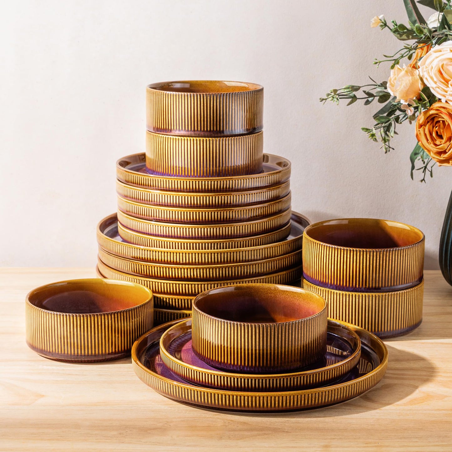 TheTerra Ceramic Dinnerware Sets for 4, 12 Pieces Porcelain Lightweight Plates and Bowls Sets, Scratch Resistant Dish Set, Oven & Microwave & Dishwasher Safe, Beige