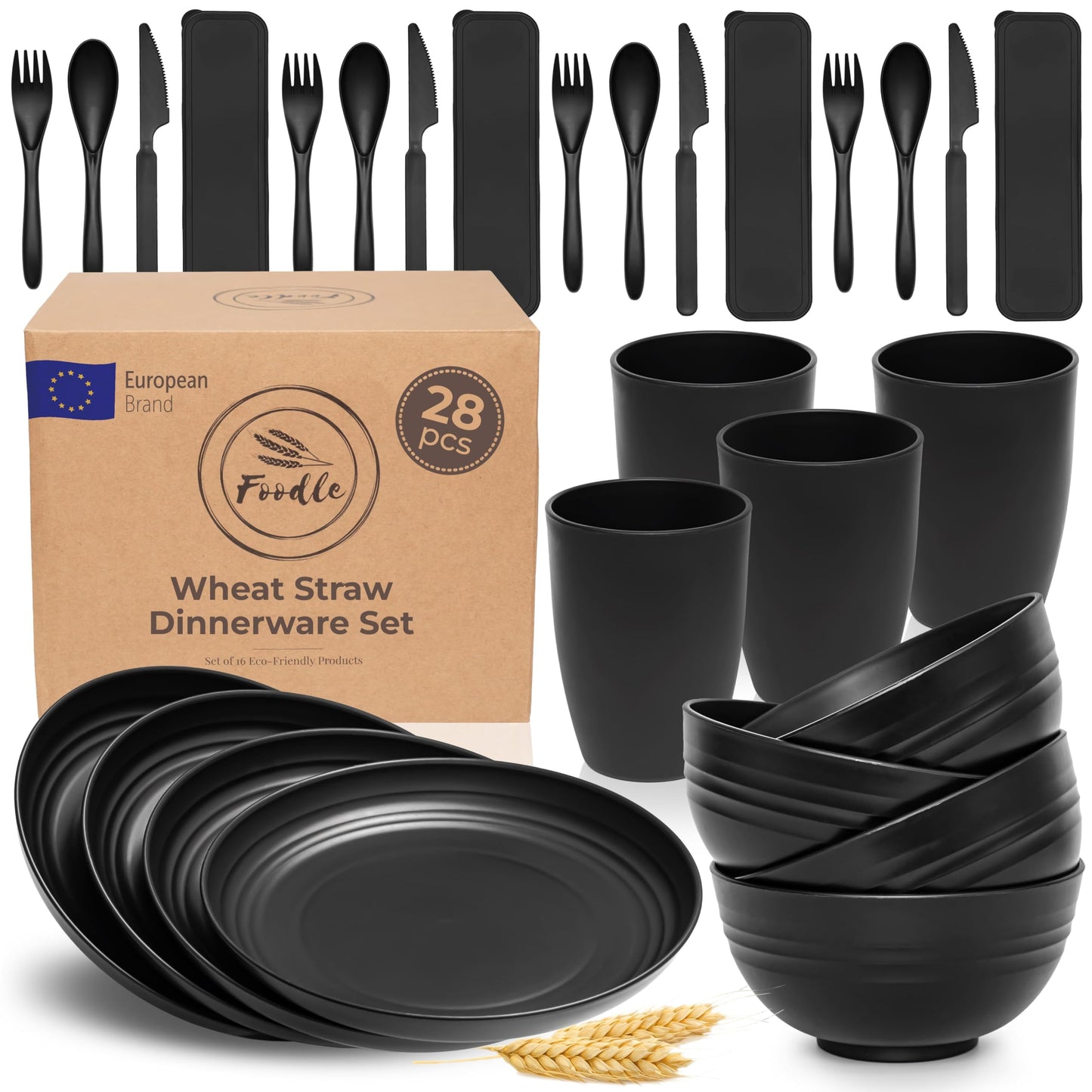 FOODLE Wheat Straw Dinnerware Set - BPA Free & Safety Tested - Dishwasher & Microwave Safe - Toddler & Kids Plates and Bowls Sets - Plastic Plates Reusable - Perfect for RV, Camping Dishes - For 4