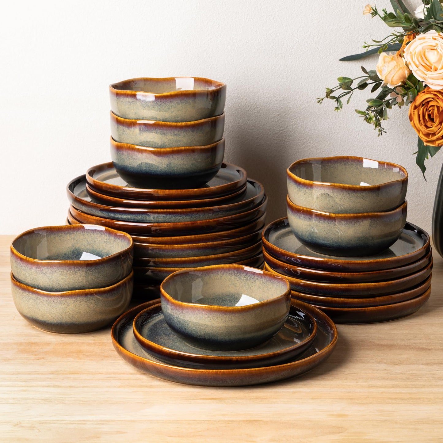 TheTerra Ceramic Dinnerware Sets for 4, 12 Pieces Handmade Reactive Glaze Plates and Bowls Set, Scratch Resistant Dish Set, Oven & Microwave & Dishwasher Safe