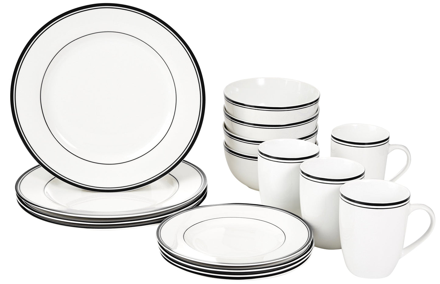 Amazon Basics 16-Piece Cafe Stripe Dinnerware Set, Microwave and Dishwasher Safe, Plates, Bowls, Mugs, Service for 4, Blue