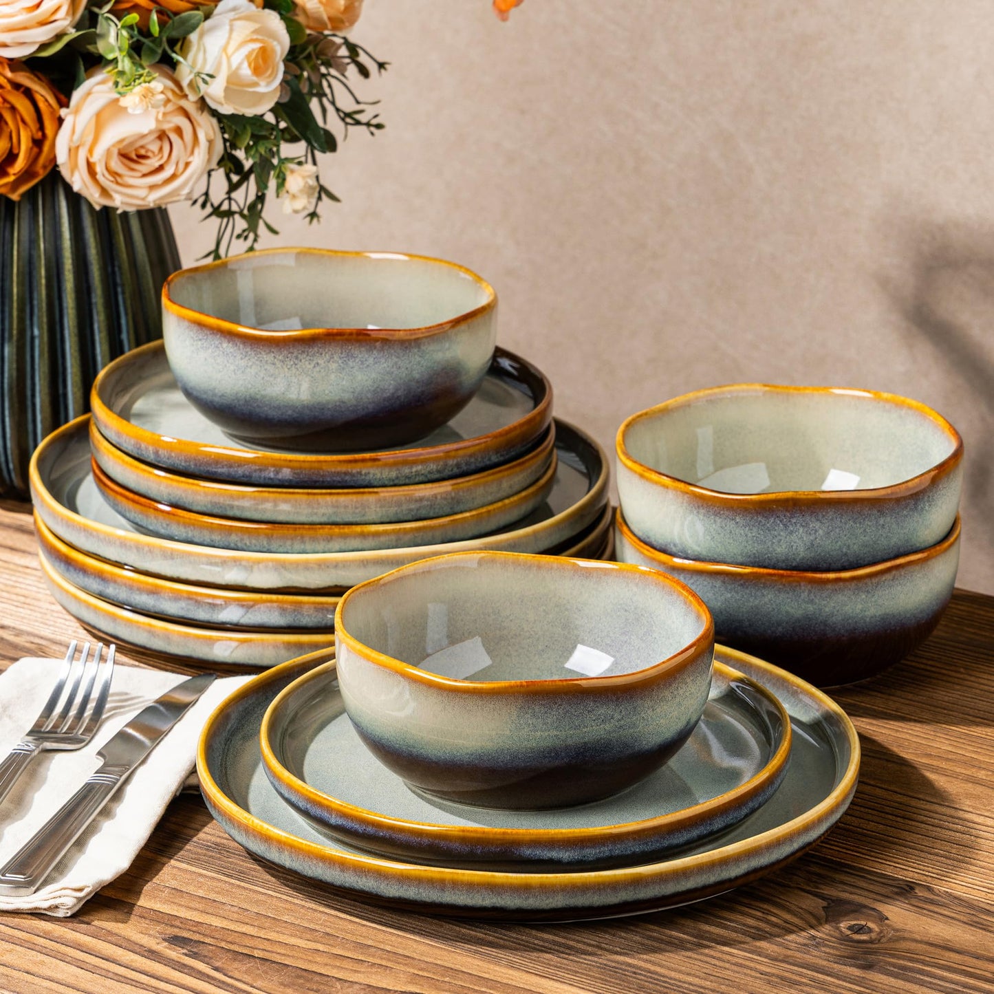 TheTerra Ceramic Dinnerware Sets for 4, 12 Pieces Handmade Reactive Glaze Plates and Bowls Set, Scratch Resistant Dish Set, Oven & Microwave & Dishwasher Safe