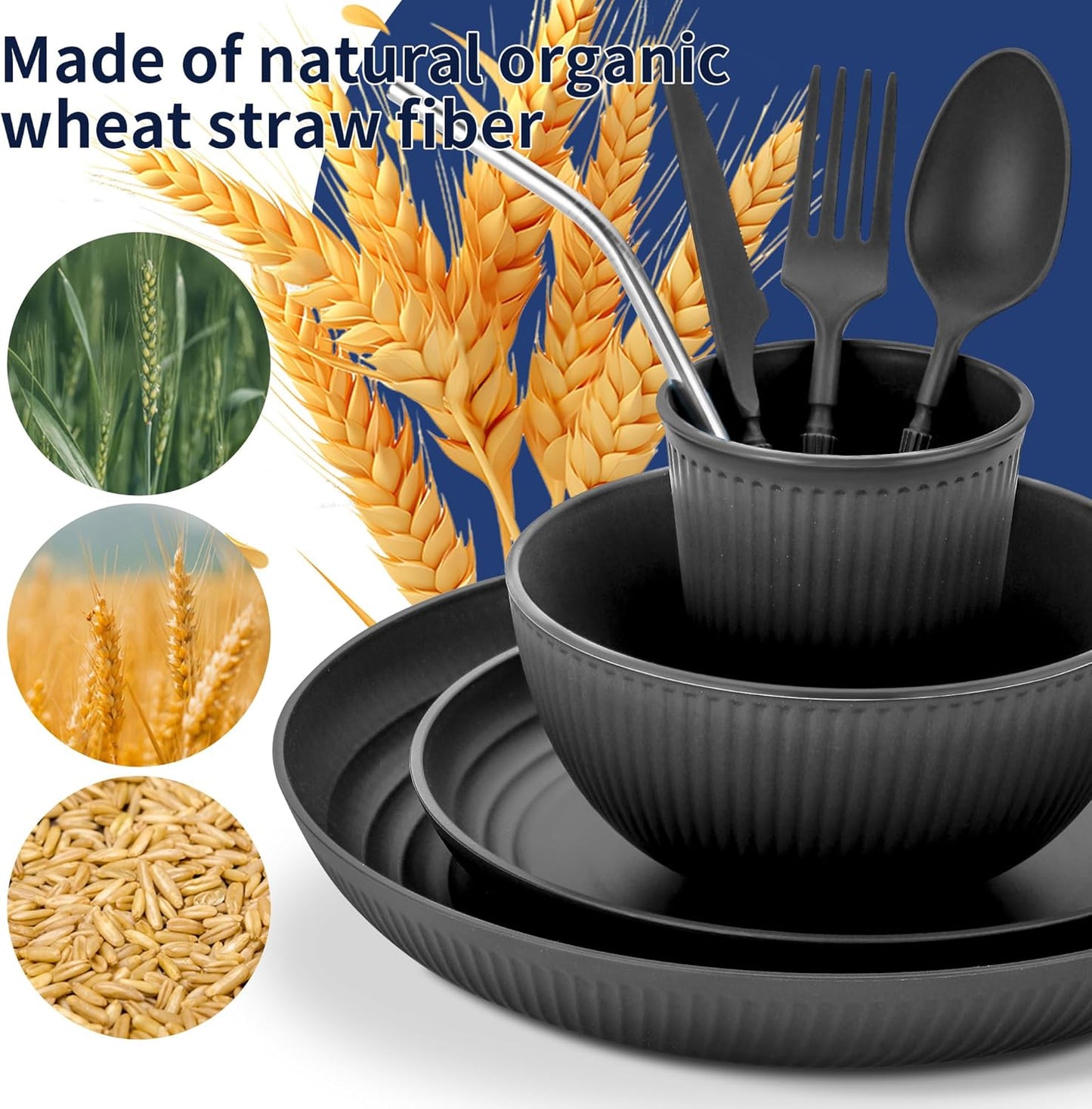 Wheat Straw Dinnerware Sets,64-Piece Black Plates and Bowls Sets for 8-Unbreakable,Reusable Plastic Dish Set-Dinner Plate/Dessert Plate/Cereal Bowl/Cup/Utensils-Microwavable Dishwasher Safe 64P-BLACK