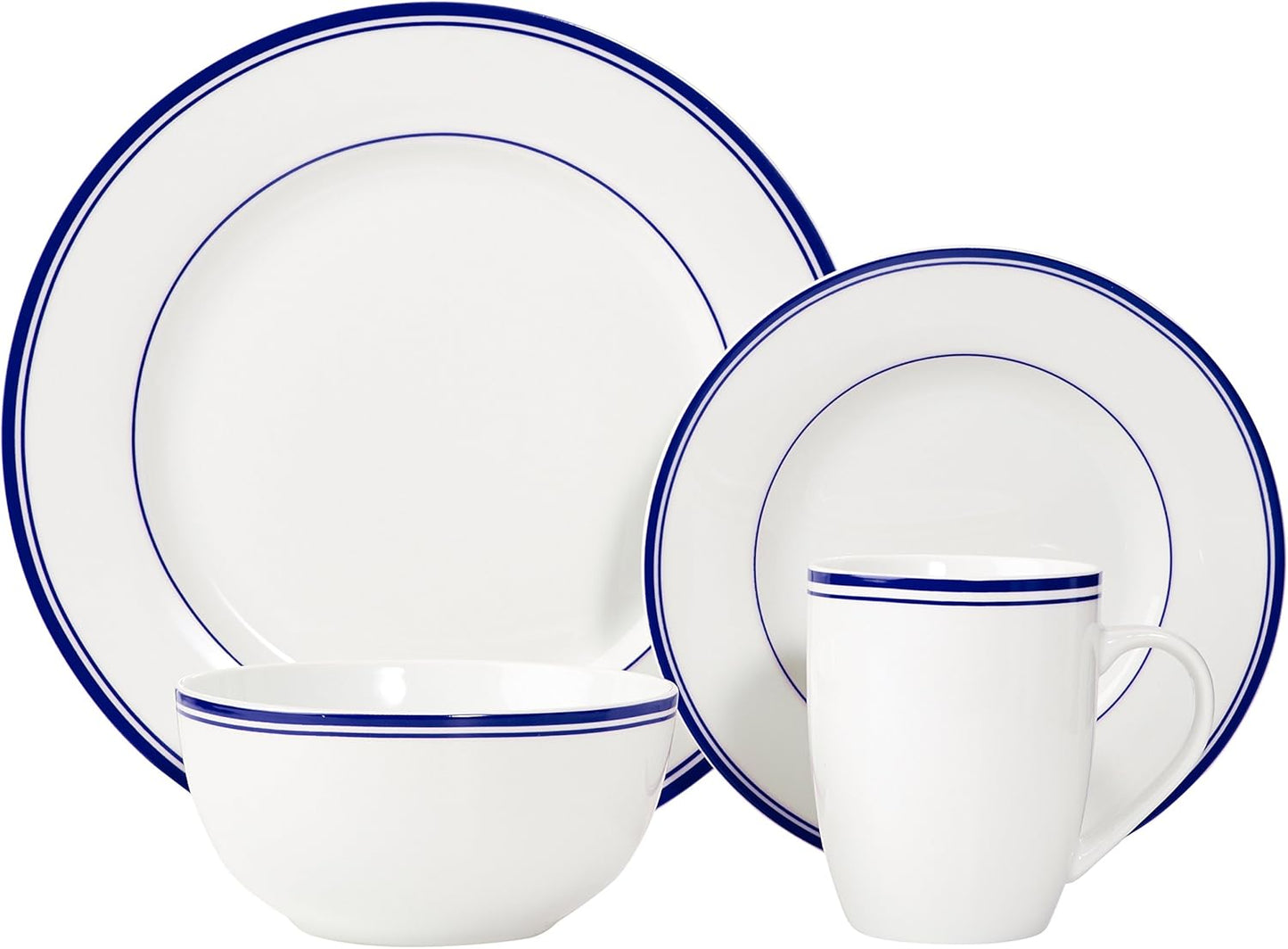 Amazon Basics 16-Piece Cafe Stripe Dinnerware Set, Microwave and Dishwasher Safe, Plates, Bowls, Mugs, Service for 4, Blue