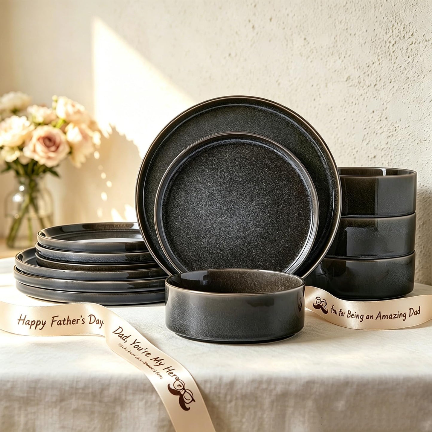 Dinnerware Sets for 4, Ceramic Plates and Bowls Set 12 Piece Dinnerware Chip Resistant Stoneware with Advanced Inkjet Printing Technology, Dishwasher and Microwave Safe-Dusty Blue