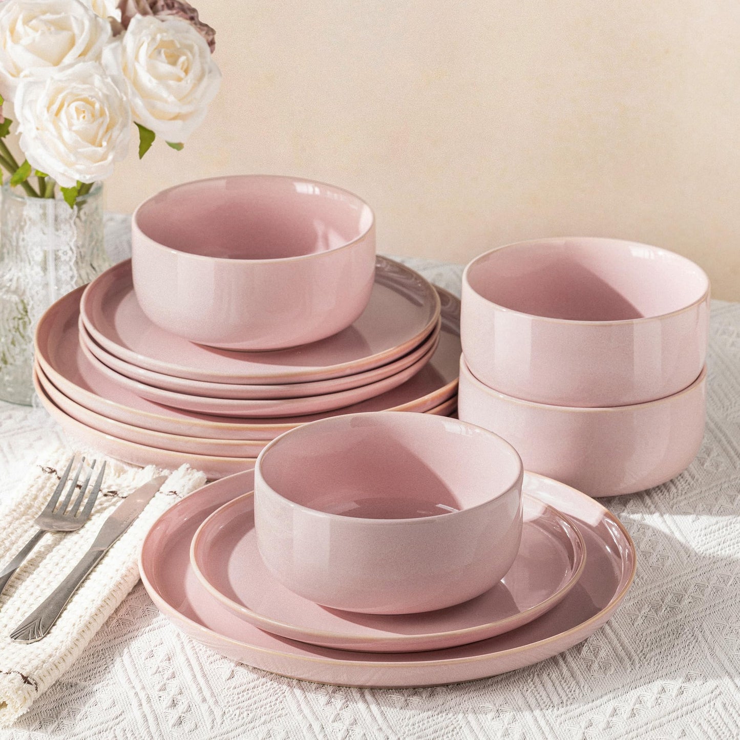 TheTerra Ceramic Dinnerware Sets for 4, 12 Pieces Handmade Reactive Glaze Plates and Bowls Set, Scratch Resistant Dish Set, Oven & Microwave & Dishwasher Safe