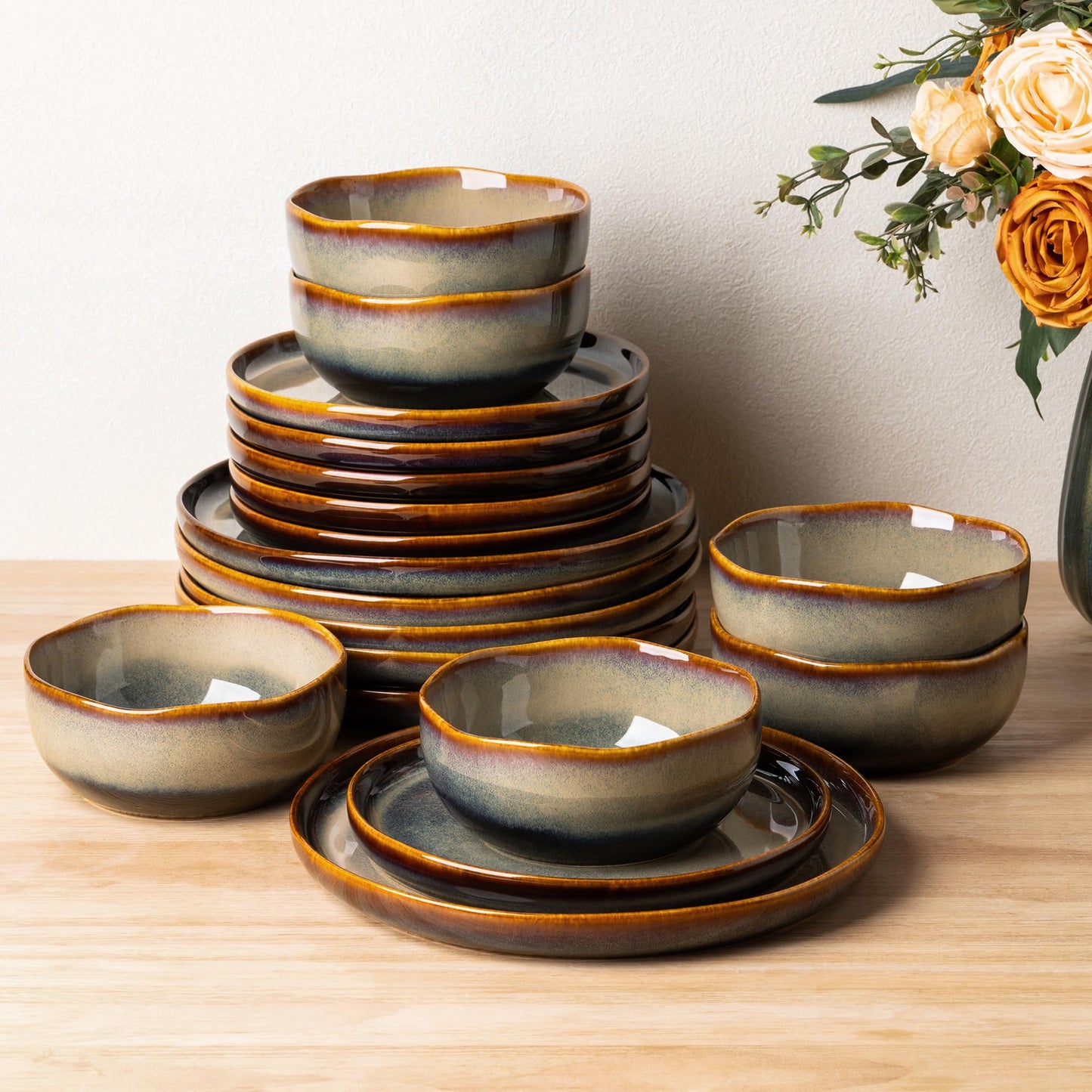 TheTerra Ceramic Dinnerware Sets for 4, 12 Pieces Handmade Reactive Glaze Plates and Bowls Set, Scratch Resistant Dish Set, Oven & Microwave & Dishwasher Safe