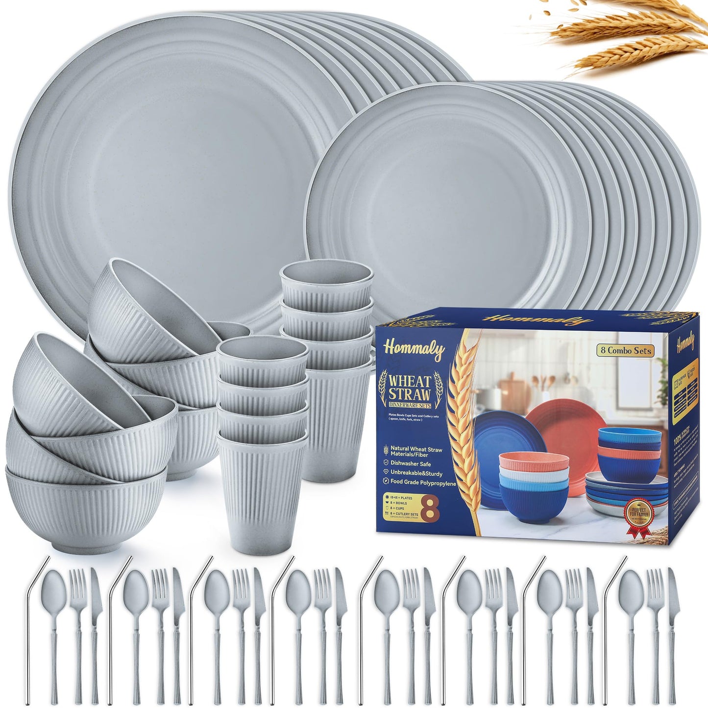 Wheat Straw Dinnerware Sets,64-Piece Beige Plates and Bowls Sets for 8-Unbreakable,Reusable Plastic Dish Set-Dinner Plate/Dessert Plate/Cereal Bowl/Cup/Utensils-Microwavable Dishwasher Safe 64P-Beige