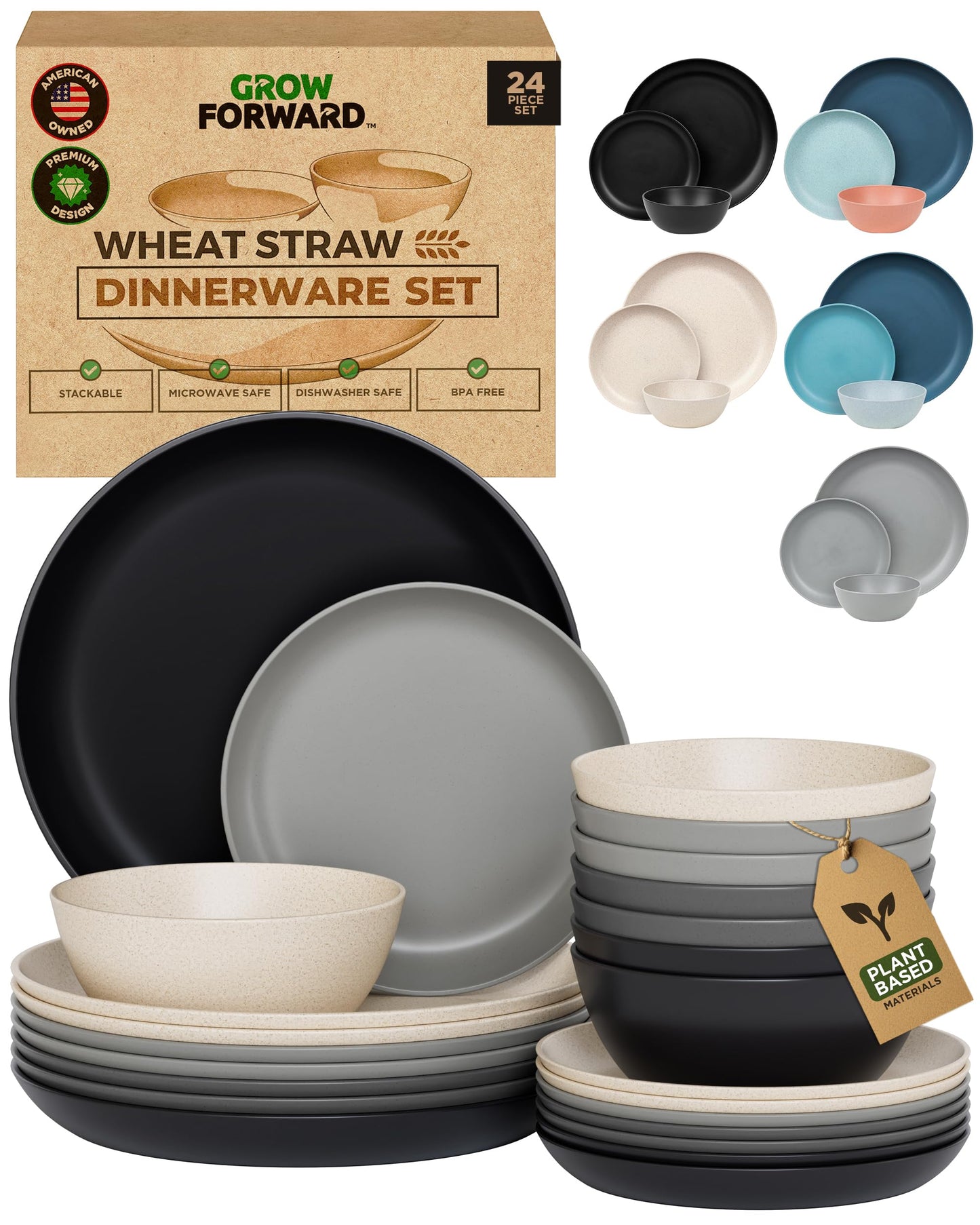 Grow Forward 24-piece Premium Wheat Straw Dinnerware Sets for 8 - Unbreakable Dishwasher & Microwave Safe Plastic Plates and Bowls Sets - Patio, Outdoors, RV, Camping Dishes - Sahara