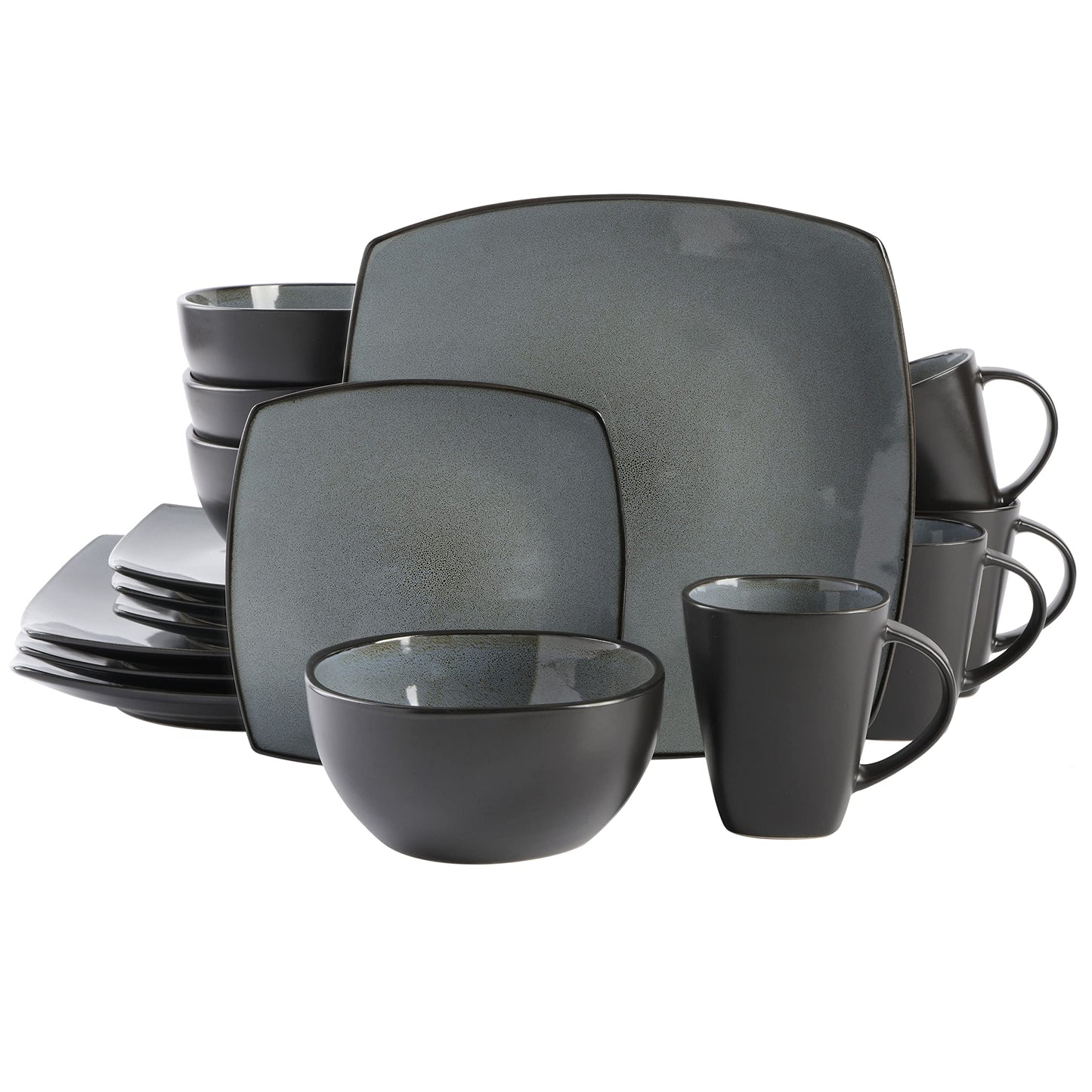 Gibson Elite Soho Lounge Square 16-Piece Dinnerware Set, Service for 4, Reactive Glaze Stoneware Plates and Bowls, Modern Dishes, Microwave & Dishwasher Safe – Red and Black