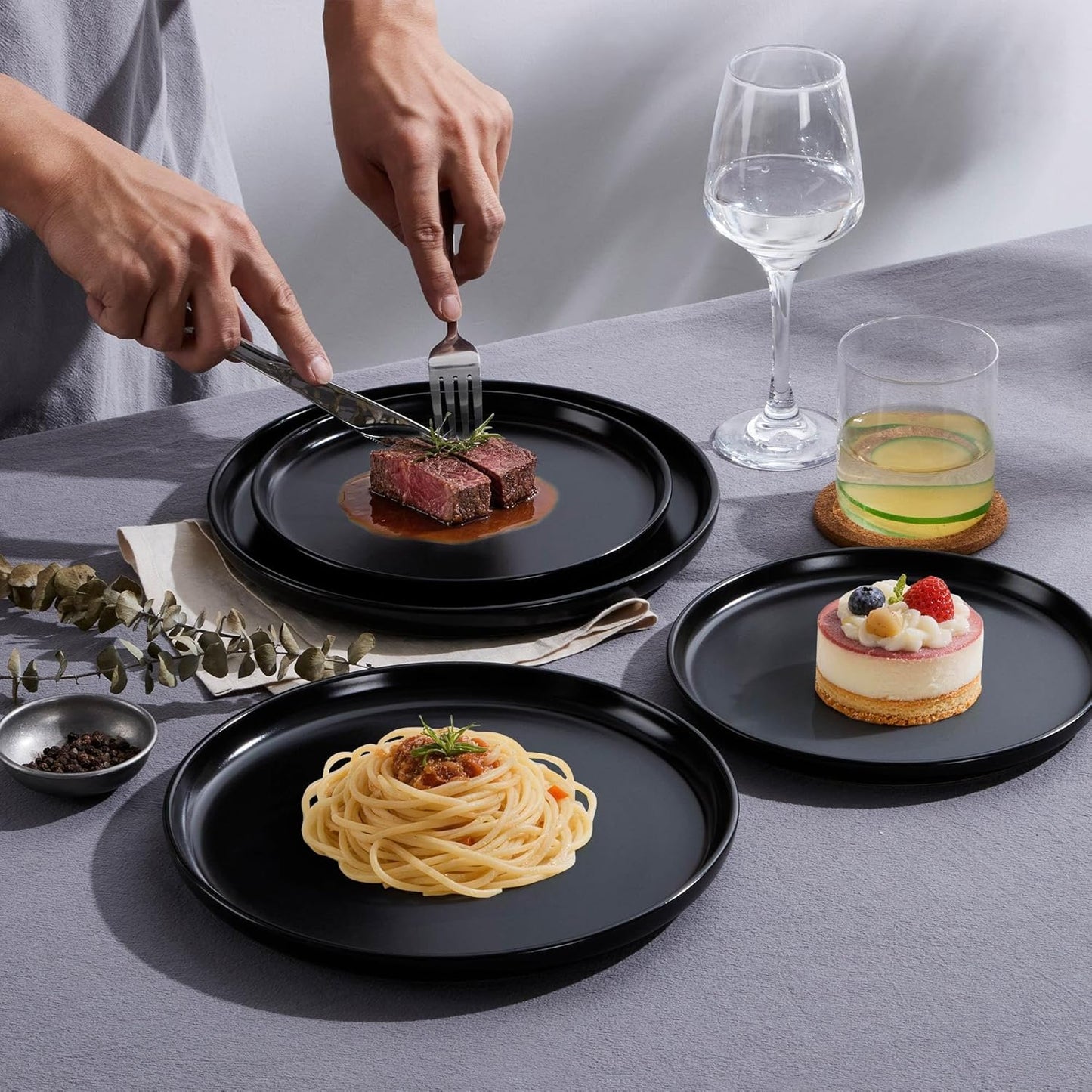 LIANYU 12 Piece Porcelain Dinnerware Sets for 4, Ceramic Durable Plates and Bowls, Chip and Scratch Resistant Dishware Dishes Set, Dishwasher & Microwave Safe Stoneware Set, Black Onyx