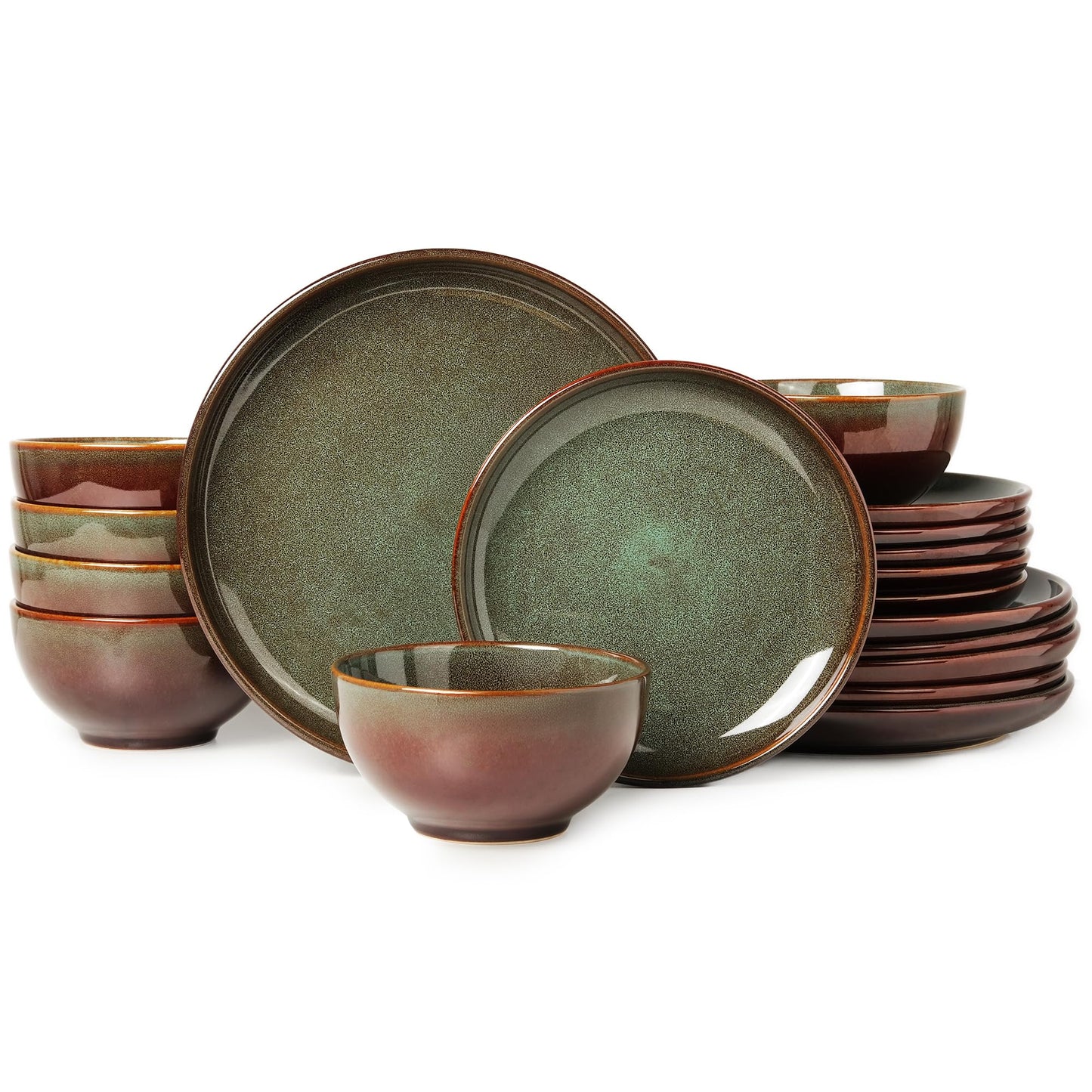 Pokini Stoneware Dinnerware Sets Service for 4, 12 pcs Reactive Glaze Plates and Bowls Sets, Handmade Ceramic Dish Set, Highly Chip and Crack Resistant Modern Plate Set, Brown Green
