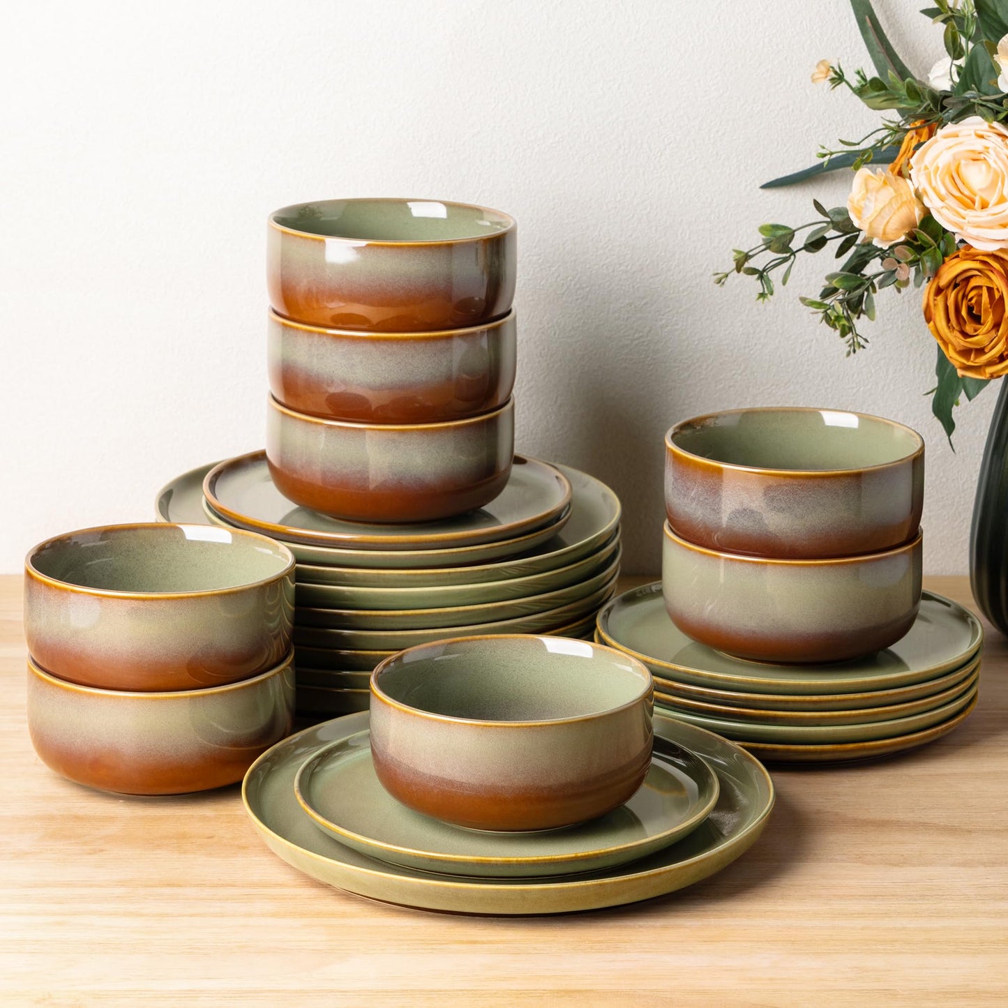TheTerra Ceramic Dinnerware Sets for 4, 12 Pieces Handmade Reactive Glaze Plates and Bowls Set, Scratch Resistant Dish Set, Oven & Microwave & Dishwasher Safe