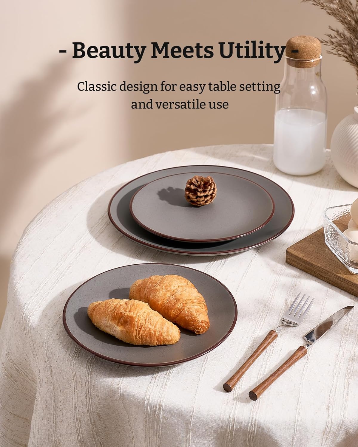 Famiware Venus Plates and Bowls Sets with Trim, 12 Pieces Speckled Stoneware Dishes Dinnerware Set for 4, Matte Dark Gray - Microwave & Dishwasher Safe, Modern Minimalist, Everyday & Formal Dining
