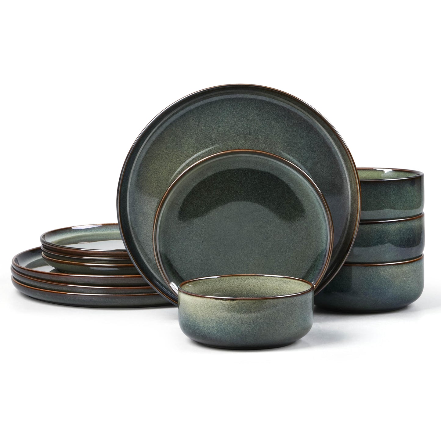 E-far 12-Piece Plates and Bowls Set, Stoneware Dinnerware Sets for 4, Reactive Glaze Ceramic Dinning Ware Dishes, Microwave & Dishwasher Safe - Sandy Beige