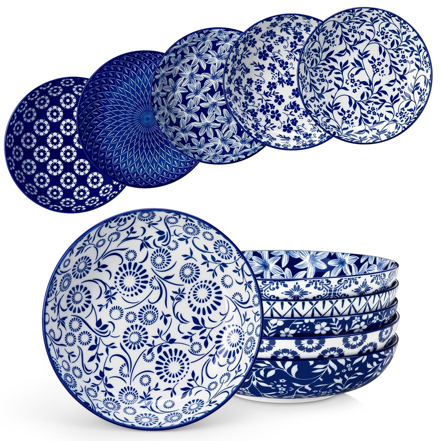 vancasso Selene 8.5" Pasta Bowls Set of 6, 40 oz Porcelain Shallow Salad Bowls, Serving Bowls Large Kitchen Bowl Plates Pasta Plates, Blue & White Floral Design, Microwave Safe