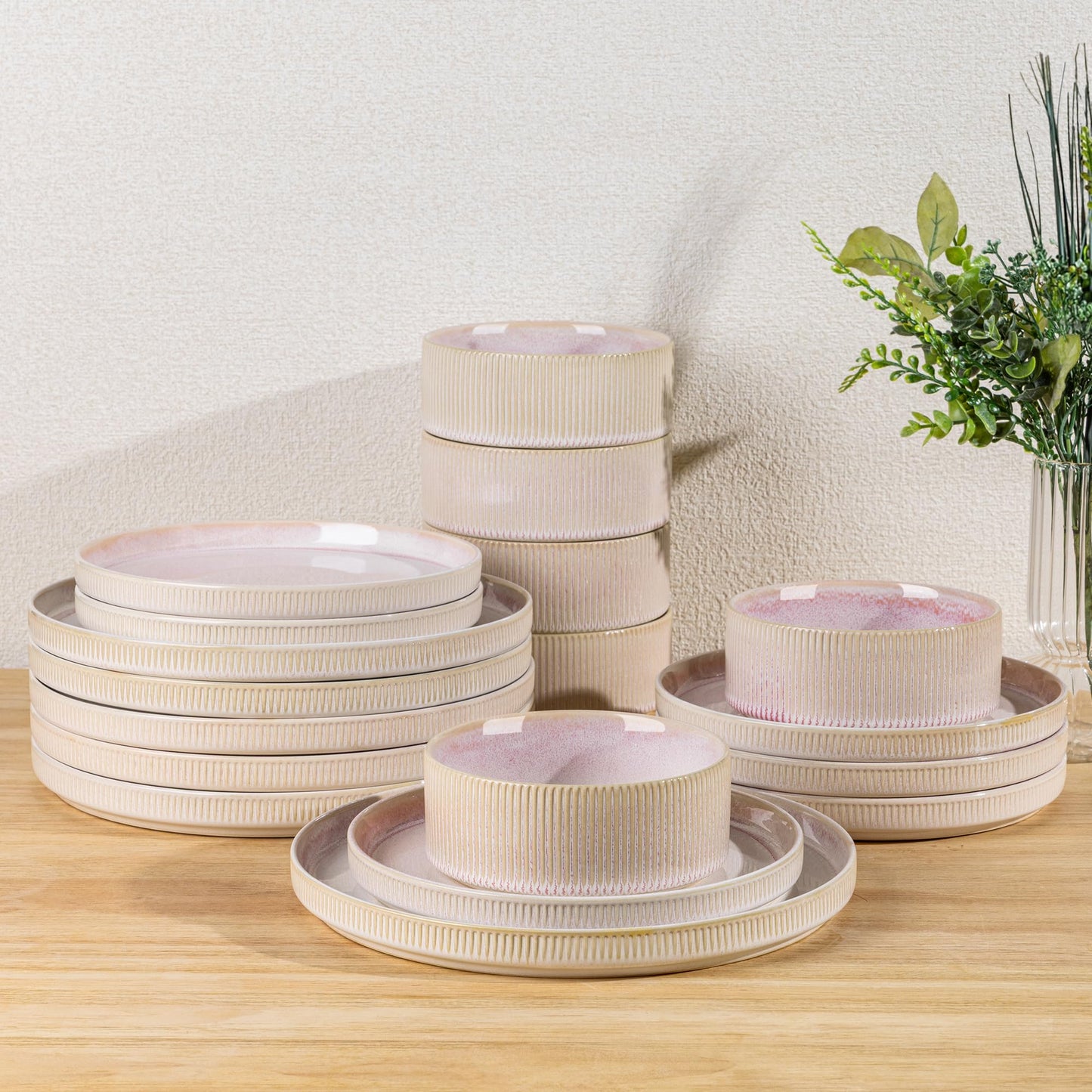 TheTerra Ceramic Dinnerware Sets for 4, 12 Pieces Porcelain Lightweight Plates and Bowls Sets, Scratch Resistant Dish Set, Oven & Microwave & Dishwasher Safe, Beige