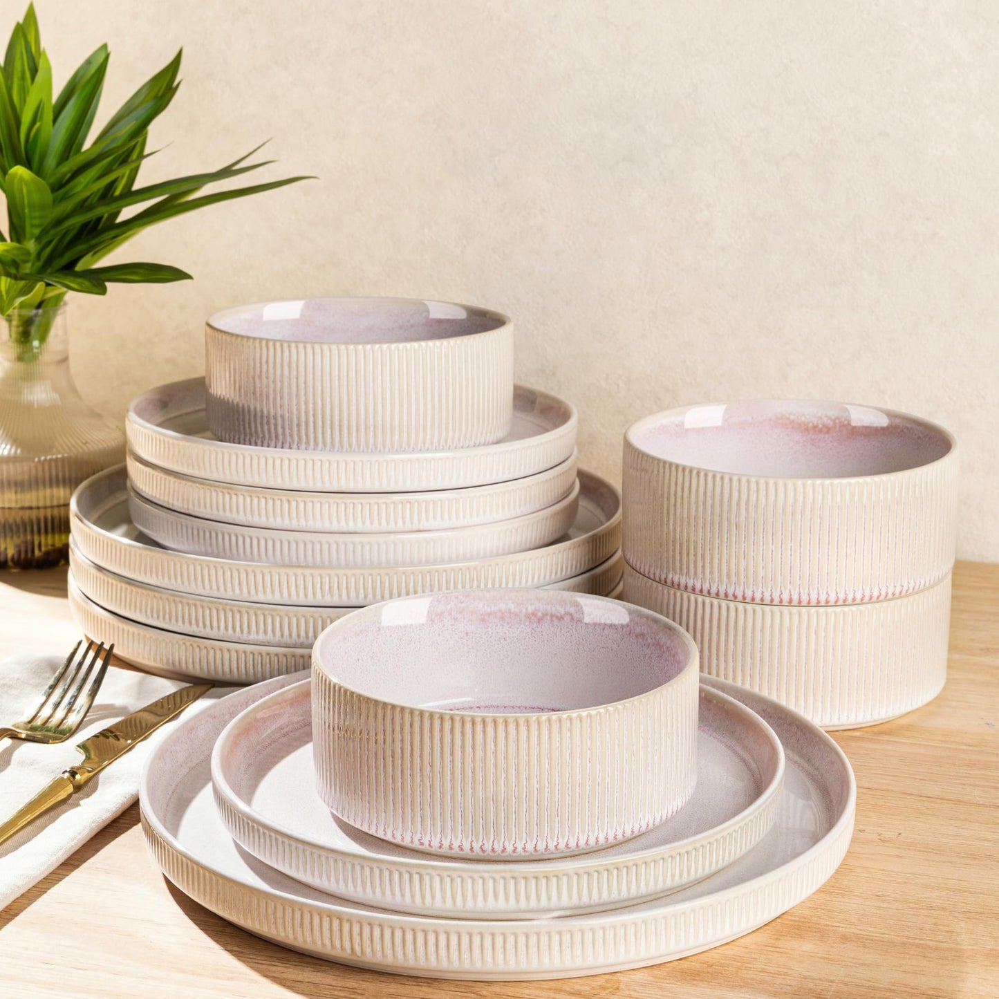 TheTerra Ceramic Dinnerware Sets for 4, 12 Pieces Porcelain Lightweight Plates and Bowls Sets, Scratch Resistant Dish Set, Oven & Microwave & Dishwasher Safe, Beige