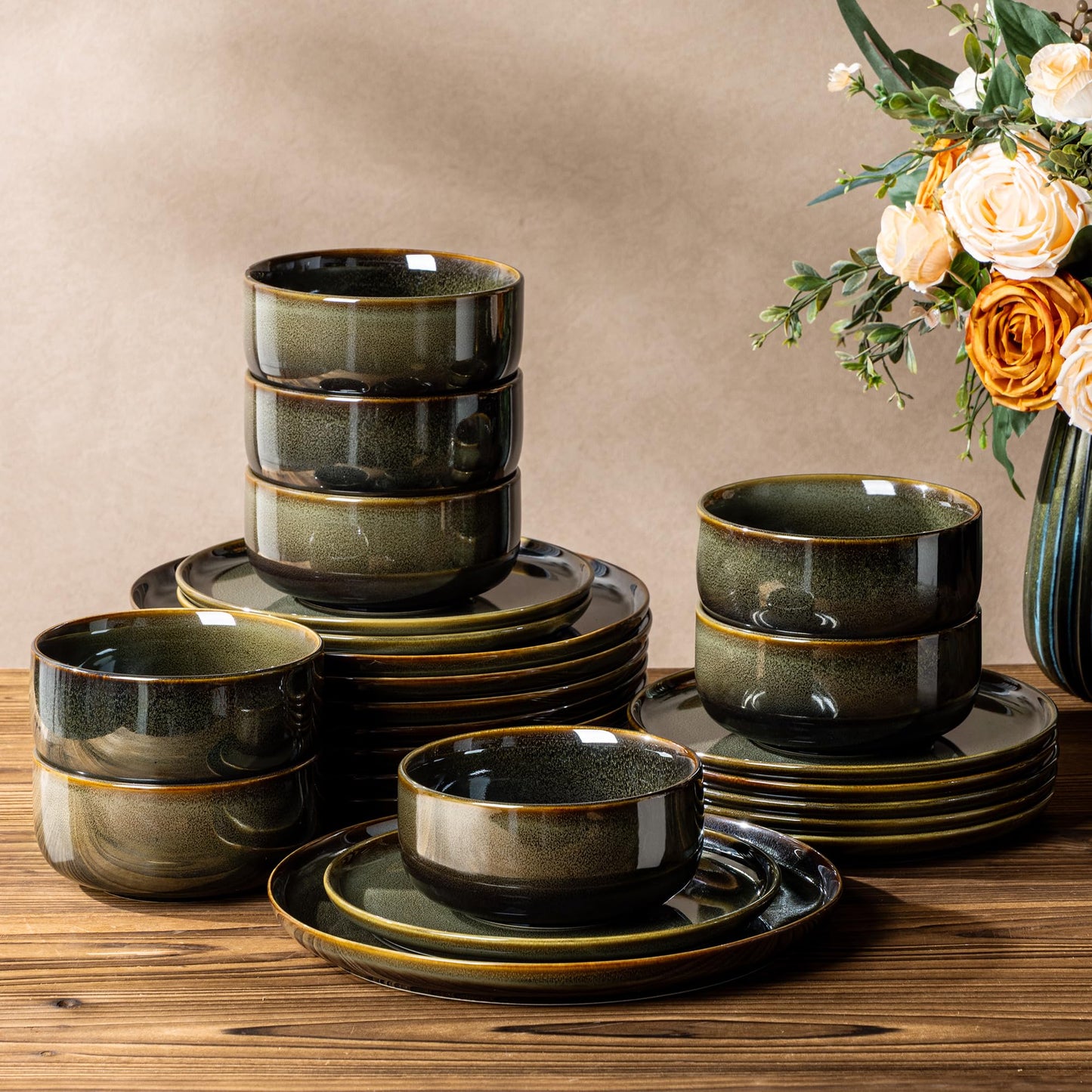 TheTerra Ceramic Dinnerware Sets for 4, 12 Pieces Handmade Reactive Glaze Plates and Bowls Set, Scratch Resistant Dish Set, Oven & Microwave & Dishwasher Safe