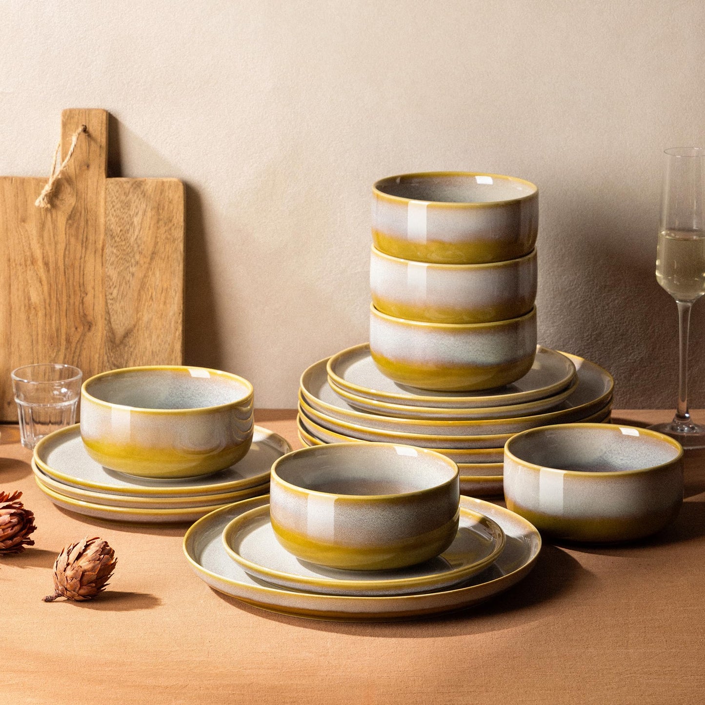 TheTerra Ceramic Dinnerware Sets for 4, 12 Pieces Handmade Reactive Glaze Plates and Bowls Set, Scratch Resistant Dish Set, Oven & Microwave & Dishwasher Safe