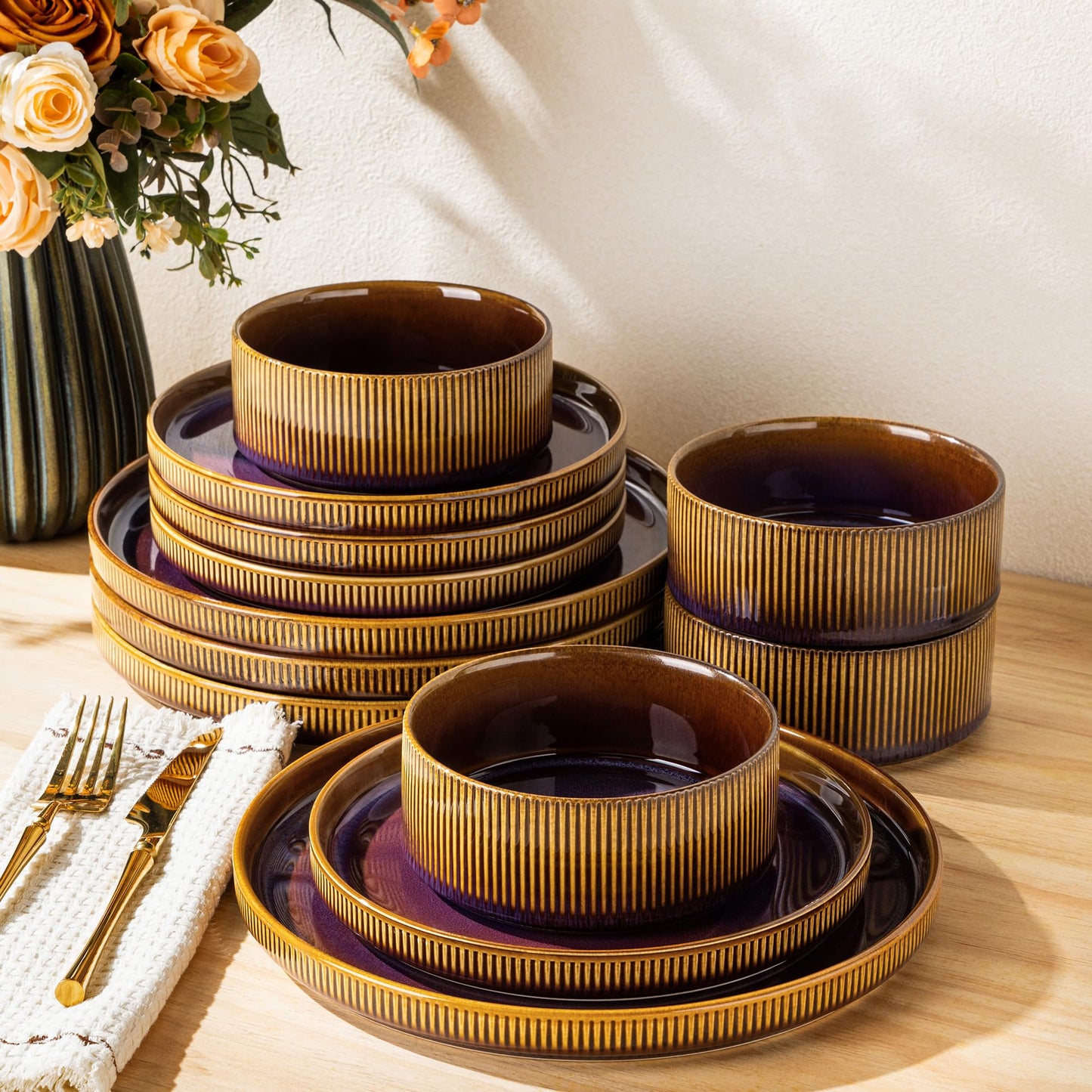 TheTerra Ceramic Dinnerware Sets for 4, 12 Pieces Porcelain Lightweight Plates and Bowls Sets, Scratch Resistant Dish Set, Oven & Microwave & Dishwasher Safe, Beige