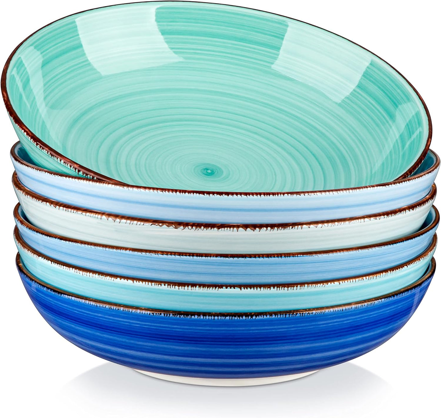 vancasso Bonita 38 oz Ceramic Pasta Bowls Set of 6, Microwave & Dishwasher Safe, 8.5 Inch Elegant Shallow Bowls Set for Pasta, Salad, & Soup – Large Capacity Pasta Plates Sets, Blue