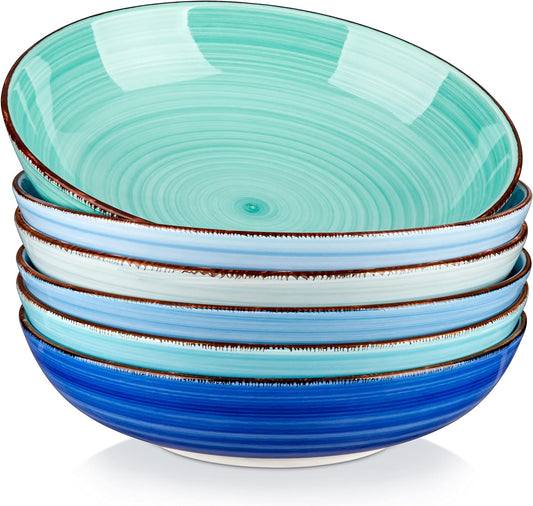 vancasso Bonita 38 oz Ceramic Pasta Bowls Set of 6, Microwave & Dishwasher Safe, 8.5 Inch Elegant Shallow Bowls Set for Pasta, Salad, & Soup – Large Capacity Pasta Plates Sets, Blue