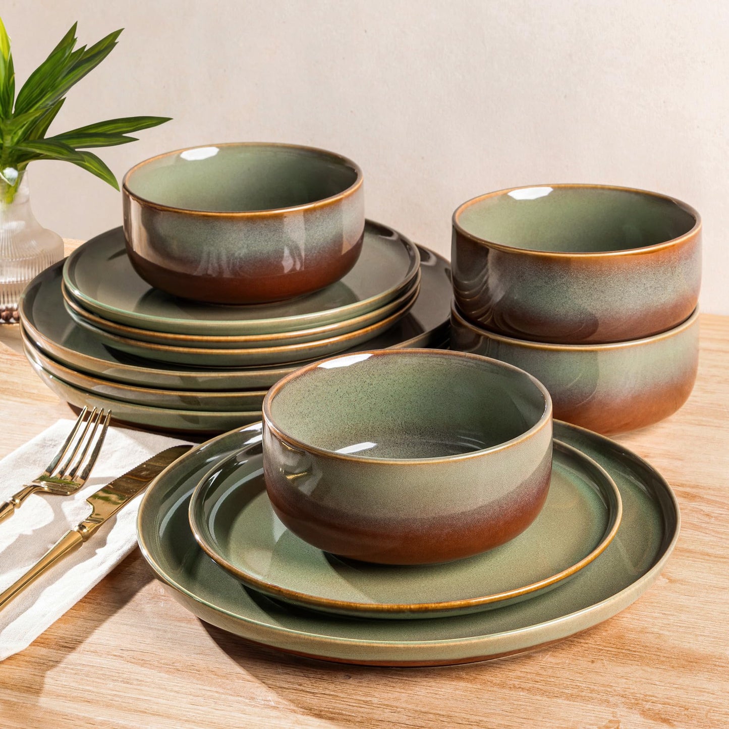 TheTerra Ceramic Dinnerware Sets for 4, 12 Pieces Handmade Reactive Glaze Plates and Bowls Set, Scratch Resistant Dish Set, Oven & Microwave & Dishwasher Safe