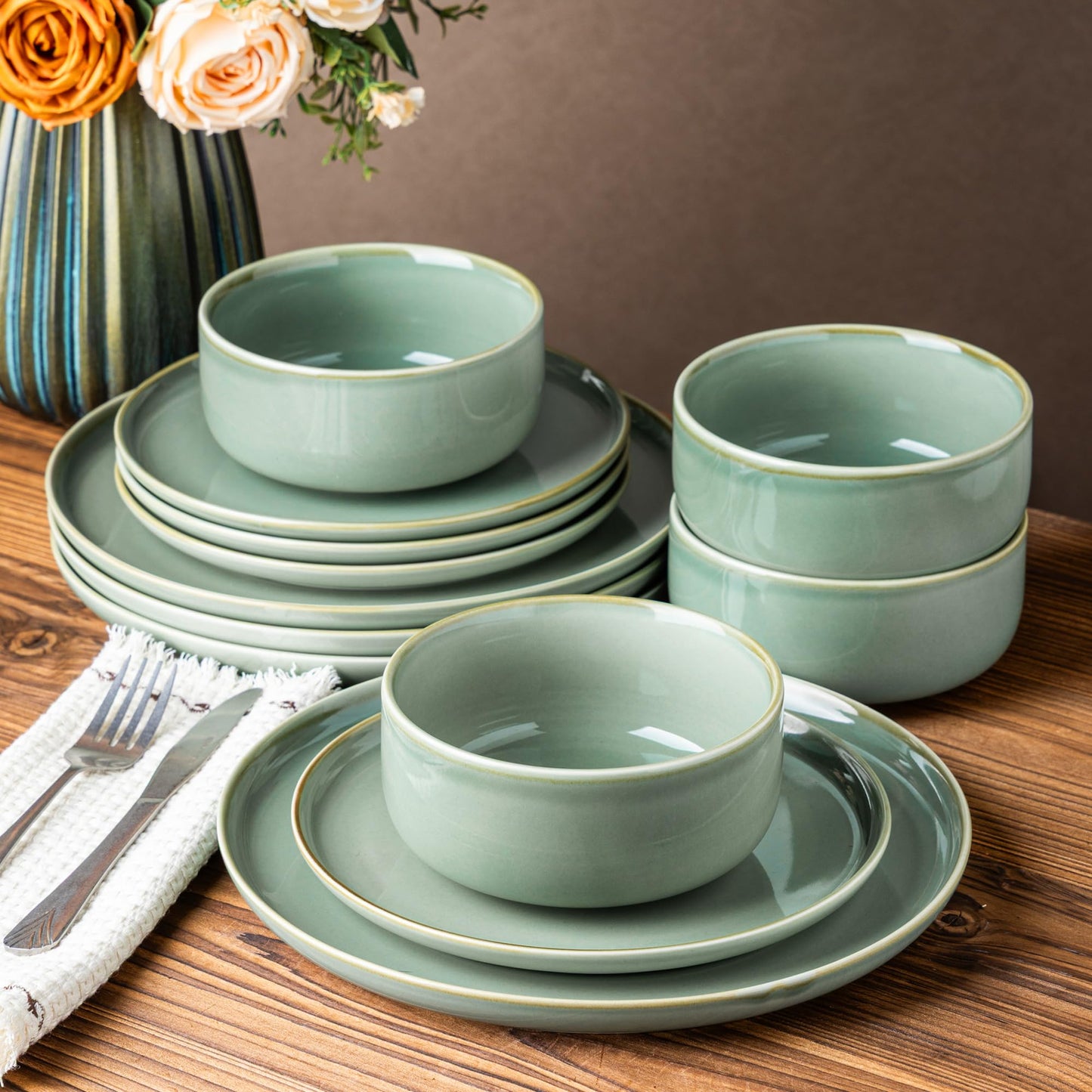 TheTerra Ceramic Dinnerware Sets for 4, 12 Pieces Handmade Reactive Glaze Plates and Bowls Set, Scratch Resistant Dish Set, Oven & Microwave & Dishwasher Safe