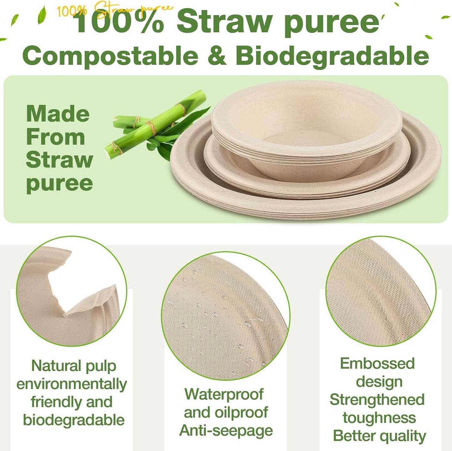 Havawish 150 Pcs Compostable Paper Plates and Bowls Set 7 Inch 9 Inch Disposable Plate 12oz Biodegradable Bowls for Party Dinner 50-person Bulk Party Supplies