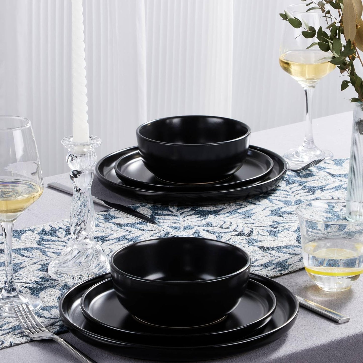 LIANYU 12 Piece Porcelain Dinnerware Sets for 4, Ceramic Durable Plates and Bowls, Chip and Scratch Resistant Dishware Dishes Set, Dishwasher & Microwave Safe Stoneware Set, Black Onyx