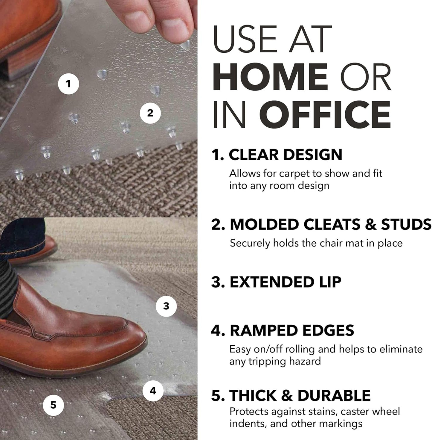 HON Office Chair Mat for Carpet, Clear Desk Mat with Extended Lip for Rolling Computer Chairs, Heavy Duty Vinyl Floor Protector for Low Pile Carpet, 36 x 48 in, Clear