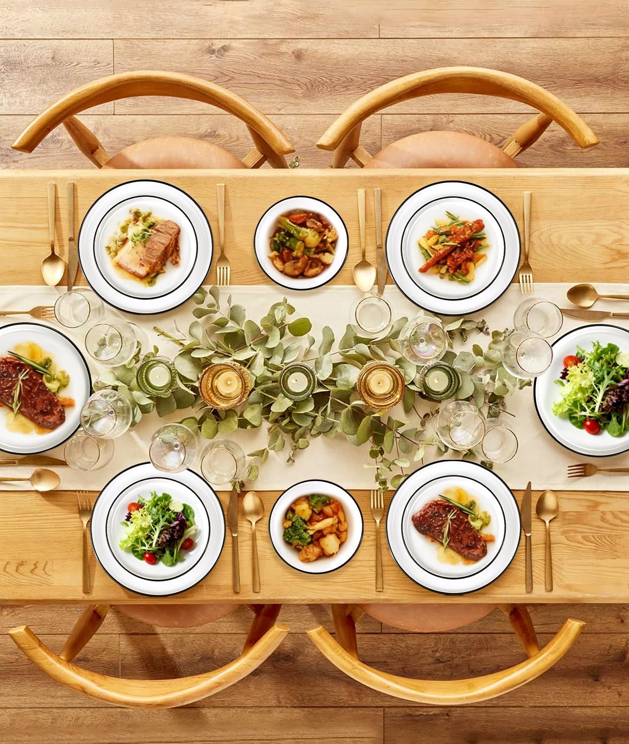 12 Pieces Ceramic Dinnerware set,Plates and Bowls Sets for 4,White Dinnerware Set for Kitchen, Modern Design Plate Sets with Black Rim, Microwave and Dishwasher Safe