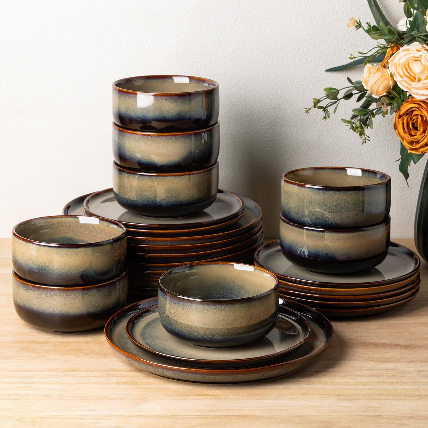TheTerra Ceramic Dinnerware Sets for 4, 12 Pieces Handmade Reactive Glaze Plates and Bowls Set, Scratch Resistant Dish Set, Oven & Microwave & Dishwasher Safe
