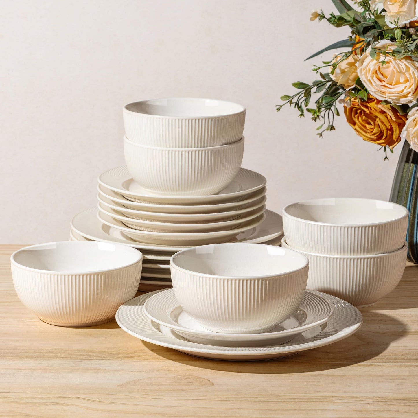 TheTerra Ceramic Dinnerware Sets for 4, 12 Pieces Porcelain Lightweight Plates and Bowls Sets, Scratch Resistant Dish Set, Oven & Microwave & Dishwasher Safe, Beige