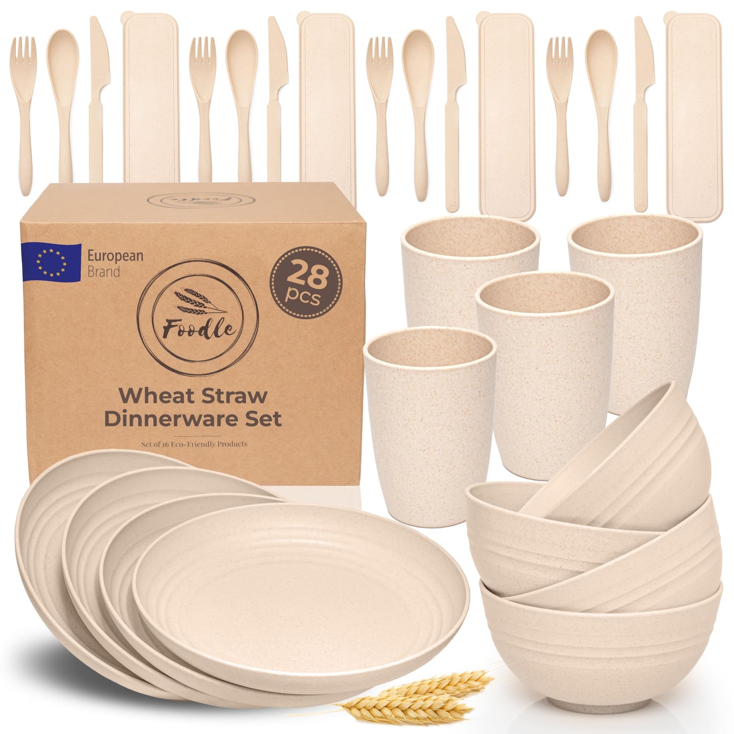 FOODLE Wheat Straw Dinnerware Set - BPA Free & Safety Tested - Dishwasher & Microwave Safe - Toddler & Kids Plates and Bowls Sets - Plastic Plates Reusable - Perfect for RV, Camping Dishes - For 4