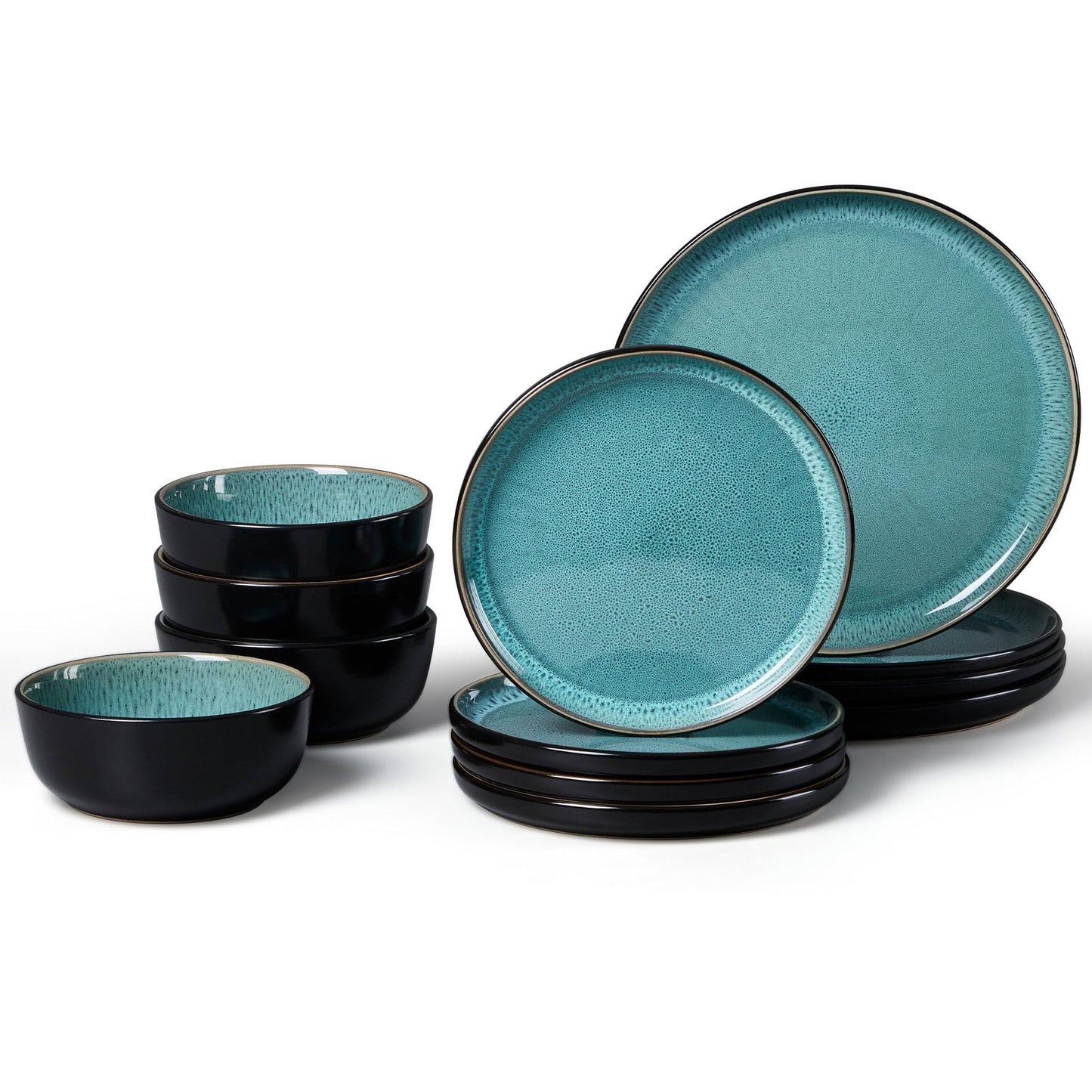 LIANYU 12 Piece Porcelain Dinnerware Sets for 4, Ceramic Durable Plates and Bowls, Chip and Scratch Resistant Dishware Dishes Set, Dishwasher & Microwave Safe Stoneware Set, Black Onyx
